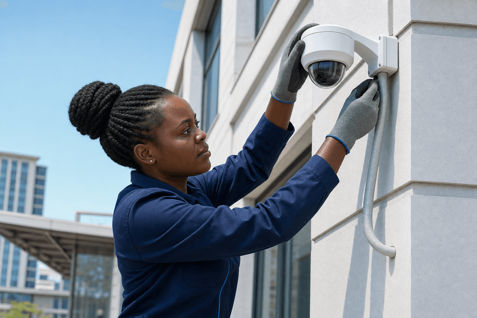 Black Kenyan woman technician mounting a modern dome CCTV camera on a commercial exterior wall