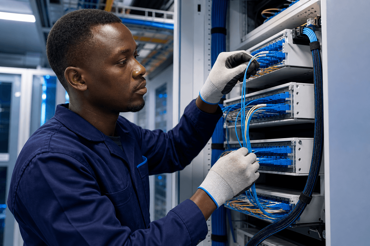 Black Kenyan man technician routing organized fibre-optic cables into a network patch panel