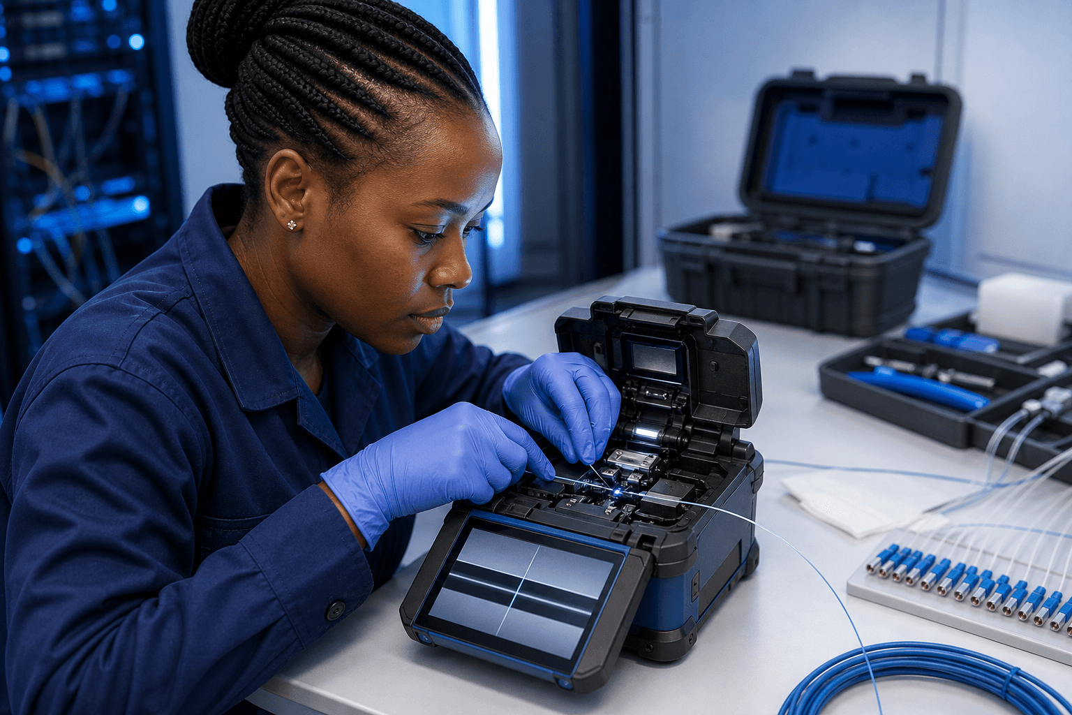 Black Kenyan woman technician aligning fibre strands in a fusion splicer