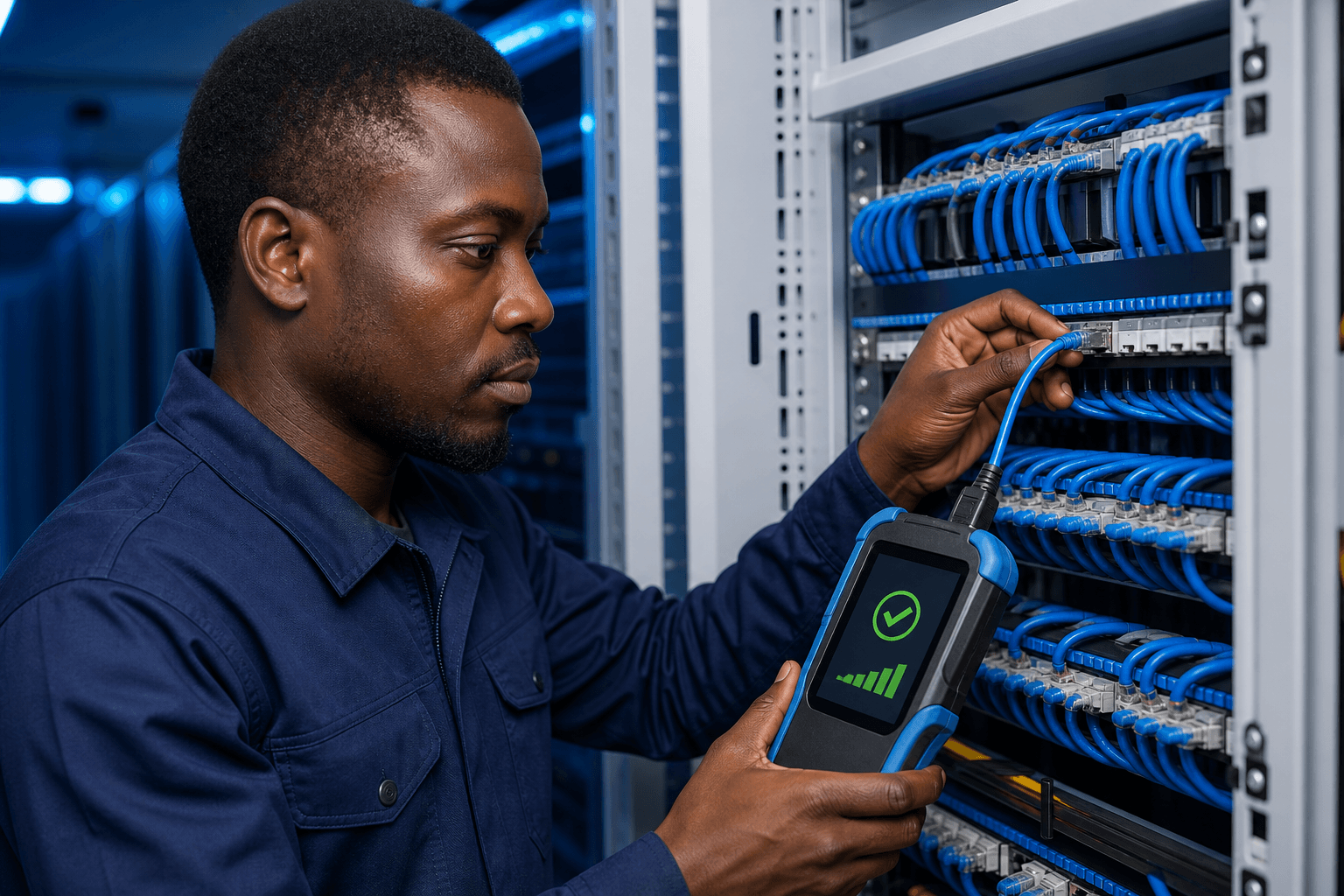 Black Kenyan man network technician certifying structured cabling with a handheld tester