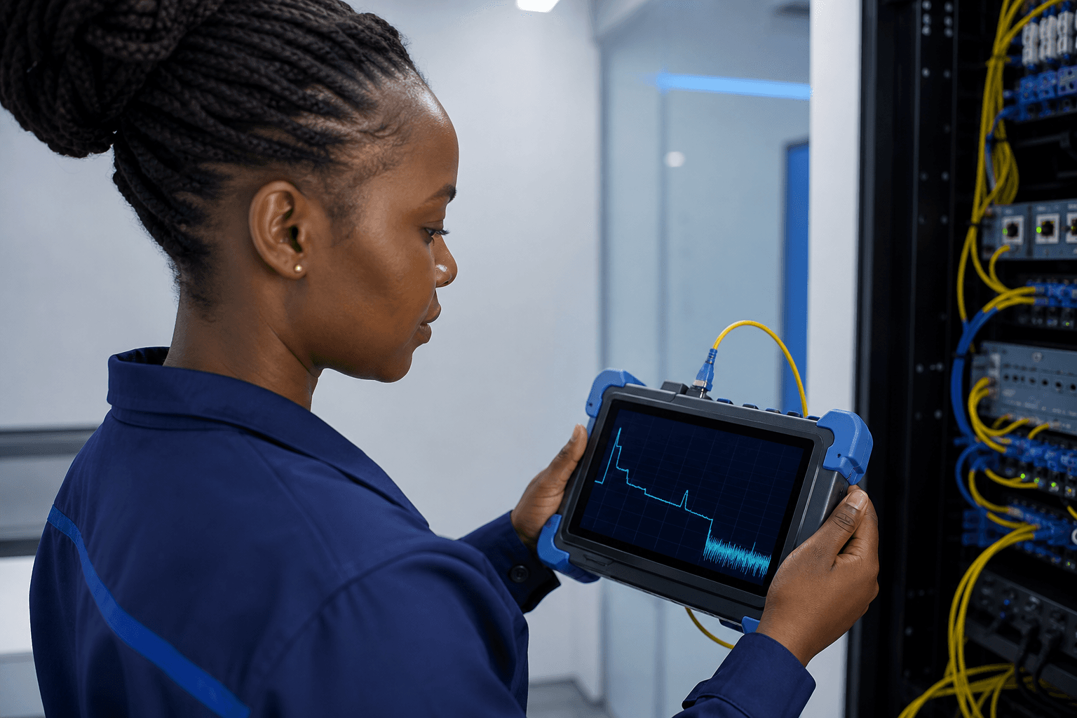 Black Kenyan woman fibre technician using an OTDR device with a trace graph on screen